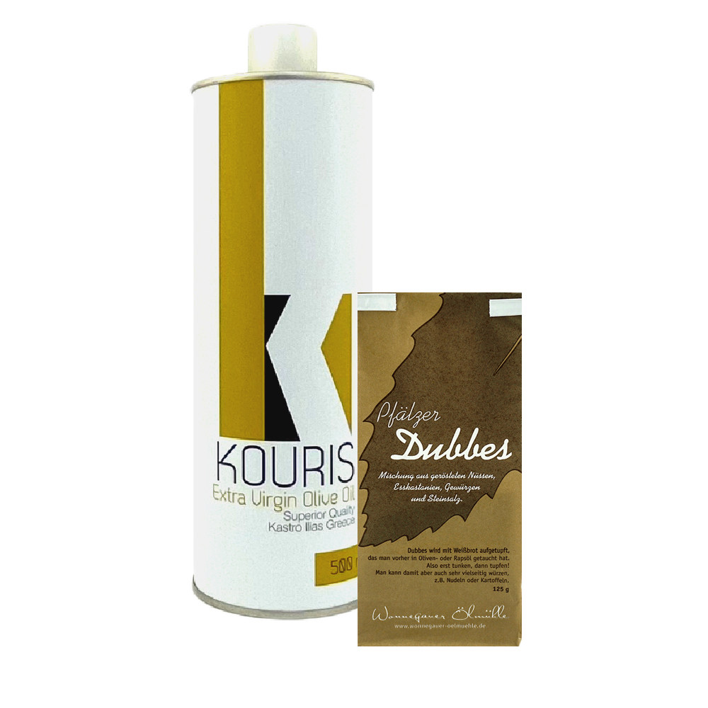 Dose mit Olivenöl und ein Päckchen mit Dubbes